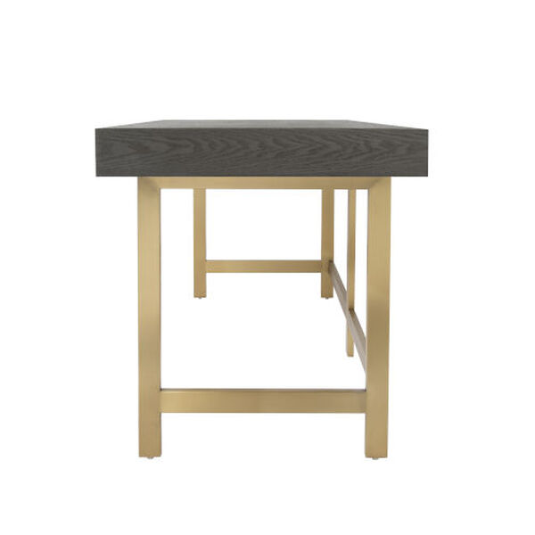 Boone Antique Brass Two Drawer Desk with Brushed Brass Base and Smoke Grey Oak Top, image 4